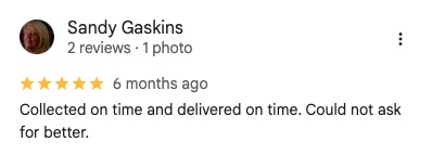 Customer review screenshot for Man and Van Poole showing a 5-star review: “Collected on time and delivered on time. Could not ask for better.”