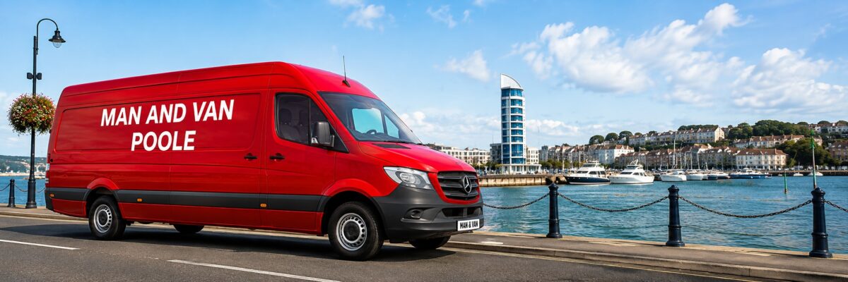 Man and Van Poole red long wheelbase van beside Poole waterfront